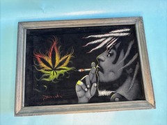 Bob Marley Portrait Velvet Painting Marijuana Leaf FRAMED 13×18″