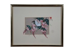 John Cheng Chinese Cherry Blossoms Bird Dove Branch Gouache Painting on Silk 10″