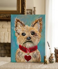 CUTE YORKIE DOG CANVAS PAINTING RED HEART COLLAR TURQUOISE PET PORTRAIT ART