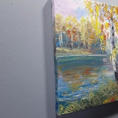 Autumn River Birch Trees Landscape Oil Painting Original Wall Art Canvas 8×8 in.