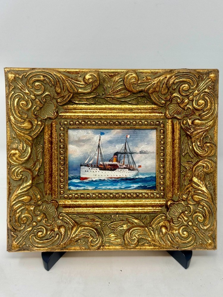 Vintage Mini Steamship Painting Gold Frame 8×7