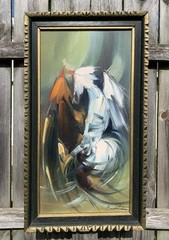 Cesar Buenaventura MCM Cockfight „Sabong“ Oil On Canvas Painting 27×15.5 Signed