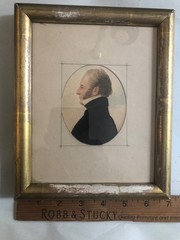 Pair Antique 19C Miniature Watercolor Lady & Gentleman Portraits Gilt Frames