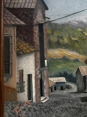 Oil Painting MCM Signed Village Street Scene Buck Saunders Gallery Scottsdale AZ