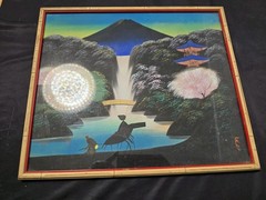 2 Vintage Chinese Waterfall Mountain Paintings on Silk Glass Bamboo Wood Frames
