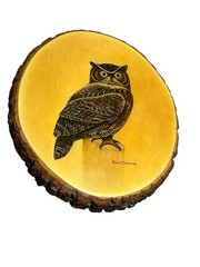 Vintage Ruane Manning Signed Owl Bird Wood Slab Glazed Nature USA 70’s Rustic