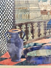 Watercolor Painting Of Woman Bathing Window Castle Sun Moon Framed Signed