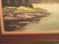 MID CENTURY GERMANY DECORATIVE OIL / FRAMED CANVAS PAINTING SWISS ALPS 37″x21.5″