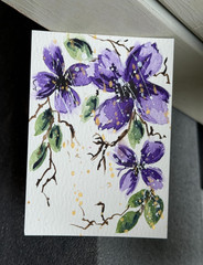 ACEO #16 Watercolor Purple Flowers, Leaves , Hand Painted, Trading Cards