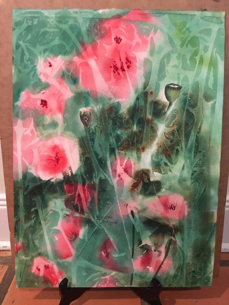 Original Watercolor of Red and Pink Flowers by Texas artist Electra Malone