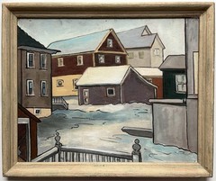 Mid Century Modernist Minimalism Townscape Oil Painting Town Houses Snow Winter