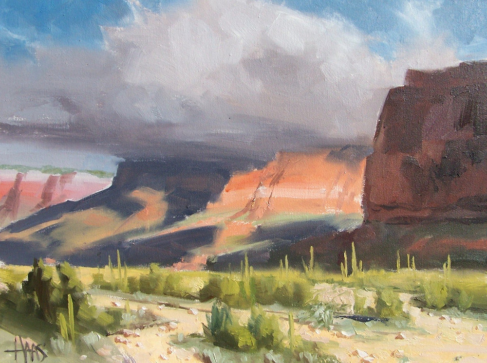 TOM HAAS painting ‚Arroyo Verde‘ oil 9″x12″ Arizona desert mountains saguaro