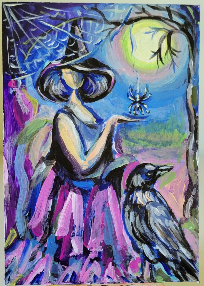 Original acrylic abstract painting on the cardboard 4 3/4 : 6 3/4 inches, witch.