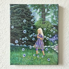 Original 8″ x 10″ Canvas Painting Girl Child With Bubbles Summer Garden Art