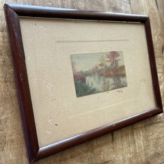 Antique Landscape Print Dark Wood Frame Signed 5.5”x7.5” READ