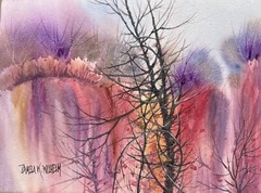 7X10” Original Watercolor Pamela Wilhelm Waterfall Sunset Red Pink Gnarled Tree