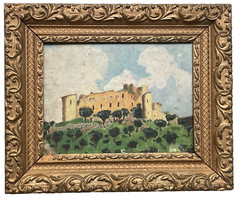 ANTIQUE FRENCH OIL PAINTING 1900’s – RUINS OF A TEMPLAR CASTLE AMONG OLIVE TREES