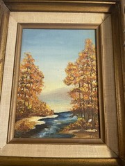 Vintage Fall River Landscape Painting Ornate Gold Frame Rustic Cottage Art 12×14