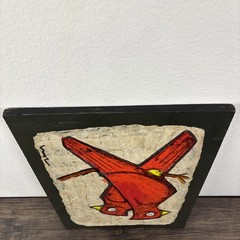 Mid Century Modern 1960s Textured Paper Cardinal Painting Mounted Wood Art MCM