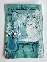 Original ACEO White Cat Green Window Flowers Whimsical Maria Rico“LUNA“