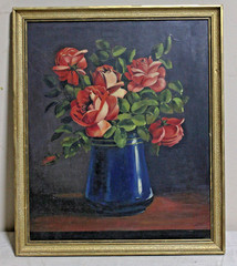 LG IMPRESSIONIST OIL PAINTING FLORAL RED ROSES STILL LIFE FOLK ART SIGNED FRAME