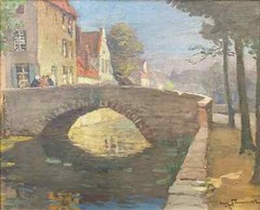 August Lemmer Oil Painting of a Belgian Canal with Bridge, Probably in Bruges