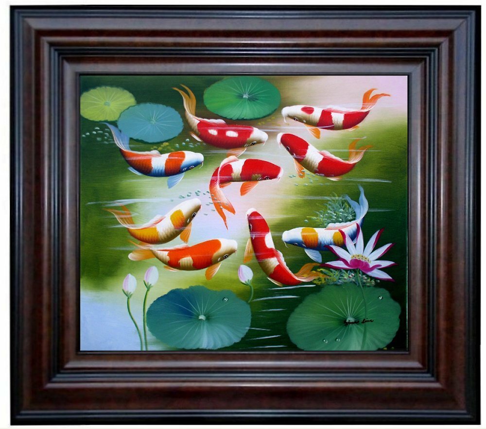 Framed, Koi Carp Pond, Quality Hand Painted Oil Painting 20x24in