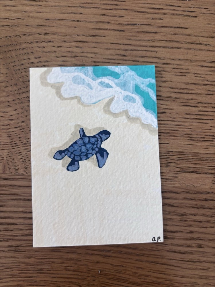 ACEO Original Art, Sea Turtle Ona Beach, Acrylic Marker Painting