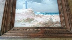Vtg Oil Painting Lighthouse Sea Shore Beach Scene Signed 11.5″ x 13.5″ Framed