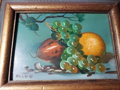 Framed Still Life Grapes Orange Fruit Small Oil Painting by Olive 7.75×10