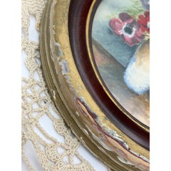 Antique Signed Watercolor 1940s Round Framed Glass Pansies in Vase Wall Hanging