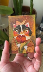 Original ACEO Set 2 in 1 Cat Spring Flowers Medieval Style Folk Art OOAK Signed