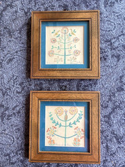 Pair Vintage Pennsylvania Dutch Fraktur Folk Art Framed Watercolor Prints Floral