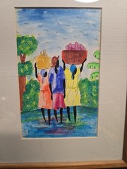 Haitian Vibrant Watercolor Folk Art Village Signed Pierre Henri Framd 12.5×9.75″