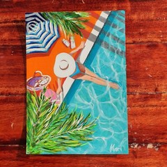 Girl Painting Tropical Palm Original Wall Art Poolside Swim Figurative Summer