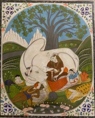 1800s PAHARI SCHOOL INDIAN OPAQUE MINIATURE PAINTING OF SHIVA, PARVATI