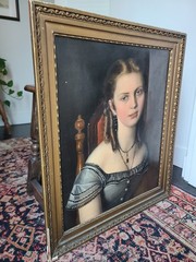 Antique 19th Century Oil Painting Portrait of a Victorian Gothic Young Lady