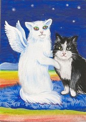 5×7 PRINT OF PAINTING RYTA TUXEDO CAT WHITE ANGEL RAINBOW BRIDGE Christmas Art