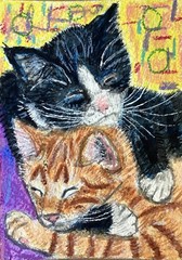 Cat hug neocolor pastel original painting double ACEO 3.5 by 5 inches