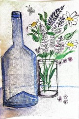 Coloful Blue Bottle With Bouquet Impressionist Original Watercolor 5×7 Signed
