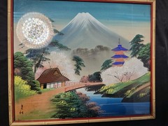 2 Vintage Chinese Waterfall Mountain Paintings on Silk Glass Bamboo Wood Frames