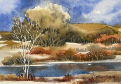 Pamela Wilhelm original Watercolor 5”x7” River Autumn Cabin Trees Solitude