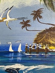 Vintage Nautical Beach Coastal Landscape Painting Seagulls Boat Dock Palm Trees