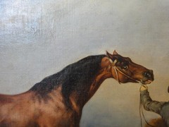 Antique painting proud Arabian horse with owner and dog 19th century beautiful