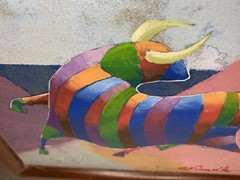 Original Bob Schindler Signed Painting Bull Colorful Framed Art 10.5” X 7.5”