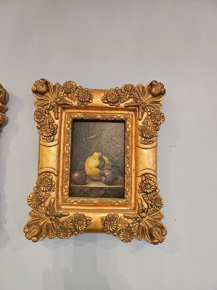 Vintage Still Life Fruit Wine Oil Painting on Canvas Gold Frame 11 x 12 x 1×3/4