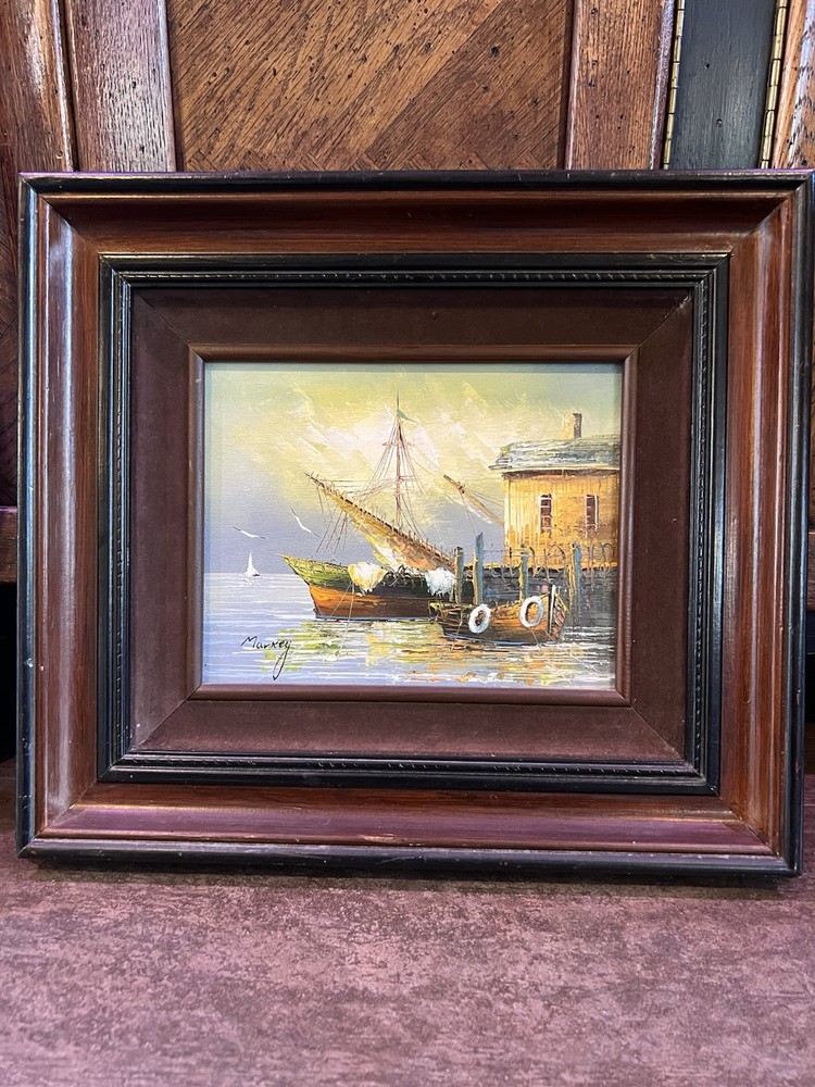 Markey Signed Oil Painting Fishing Boats at Dock Mid Century Black & Brown Frame