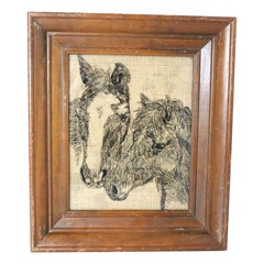 Vintage Reverse Painted Glass Horses Equestrian Burlap Framed Western Farmhouse