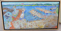 Whimsical contemporary painting of Potomac River quai by Anne Landry