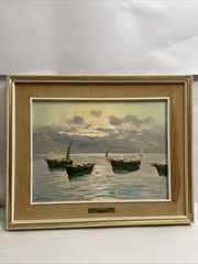 Vintage Lisani Signed Seascape Oil Painting Fishing Boats Sunset Framed 20×16⁠
